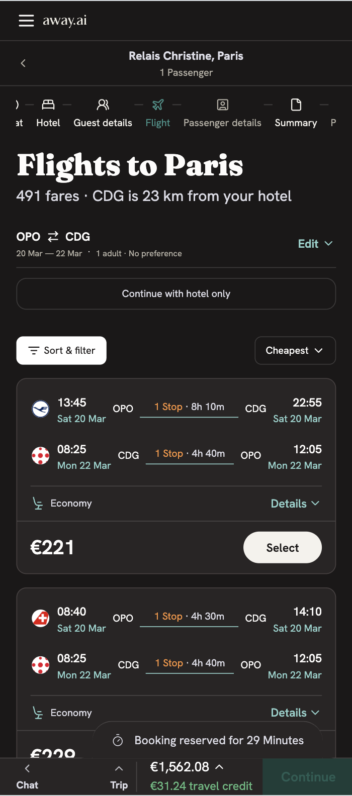 Flight results screen