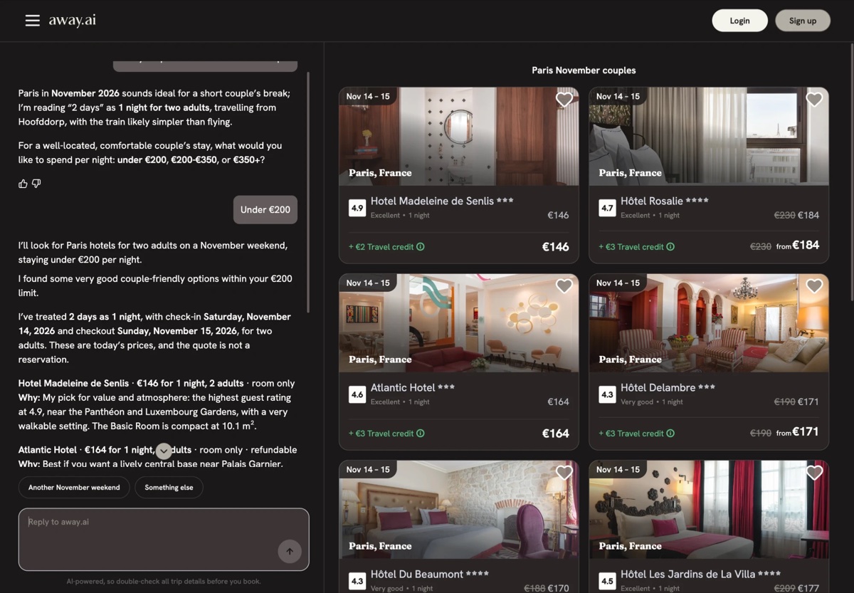Chat — results under the conversation, then side by side (on mobile, in a sheet) — after