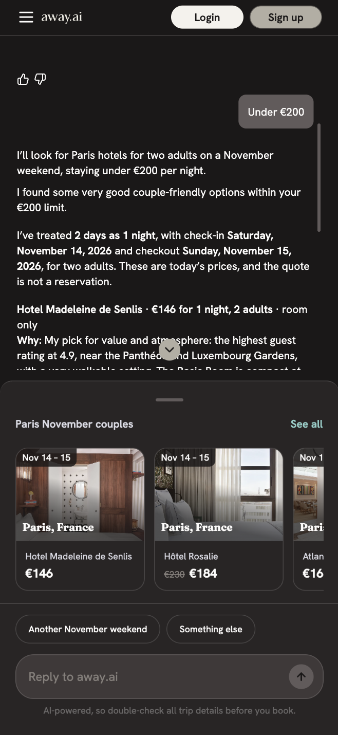 Chat — results under the conversation, then side by side (on mobile, in a sheet) — after