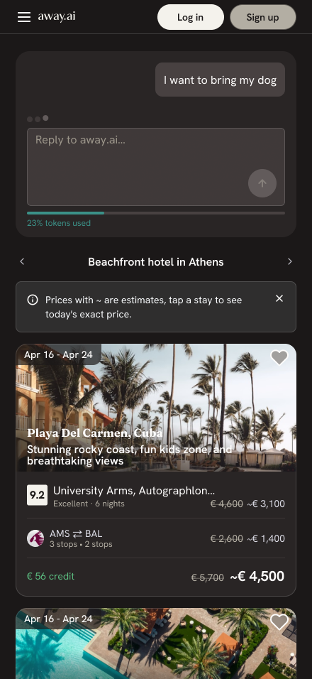 Chat — results under the conversation, then side by side (on mobile, in a sheet) — before