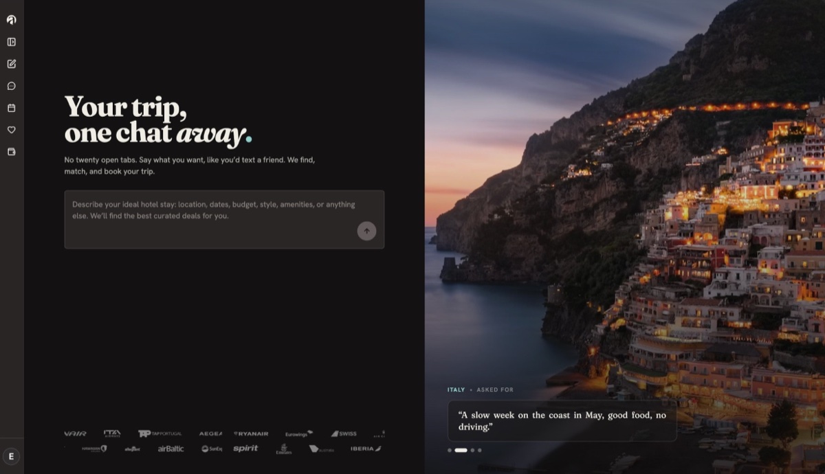 Homepage — filters and results under the search, then one chat — after