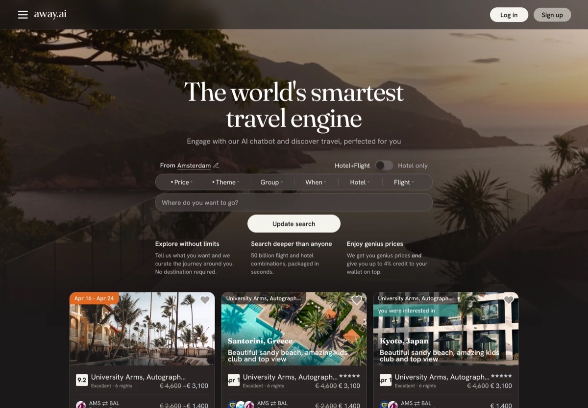 Homepage — filters and results under the search, then one chat — before