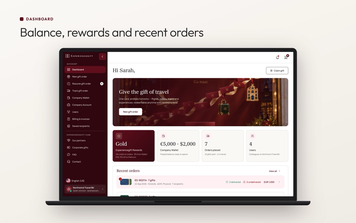 Dashboard — balance, rewards and recent orders