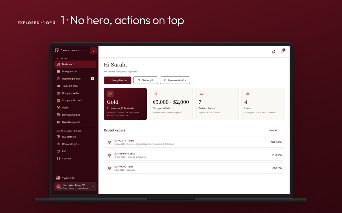Explored 1 of 3 — no hero, actions on top