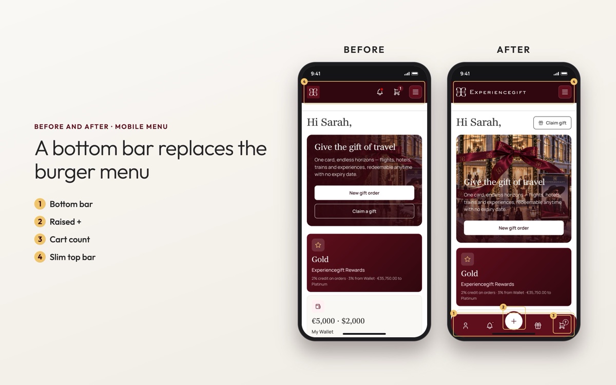 A bottom bar replaces the burger menu