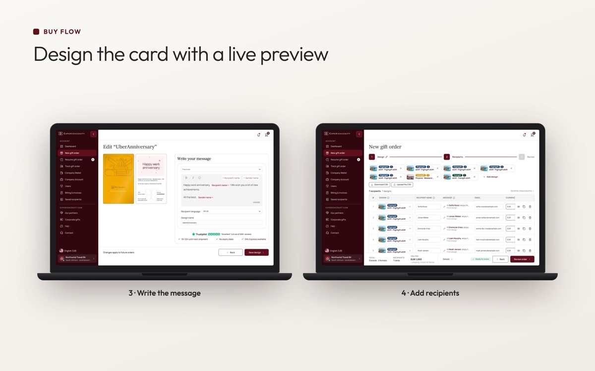 Design the card with a live preview, add recipients