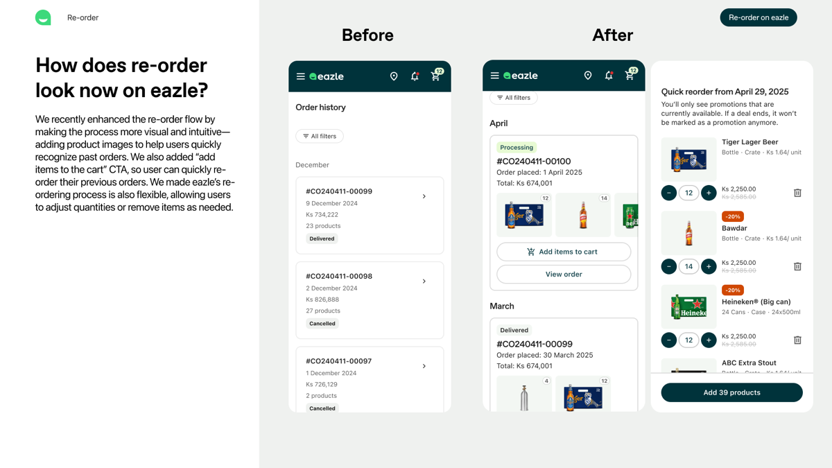 How does re-order look now on eazle? — before & after
